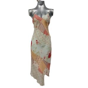 Vintage Y2K EXPRESS Patchwork Silk Slip Dress Midi Asymmetrical Spaghetti Straps